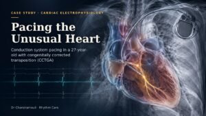 Conduction system pacing in CCTGA: heart with pacemaker lead on the conduction system