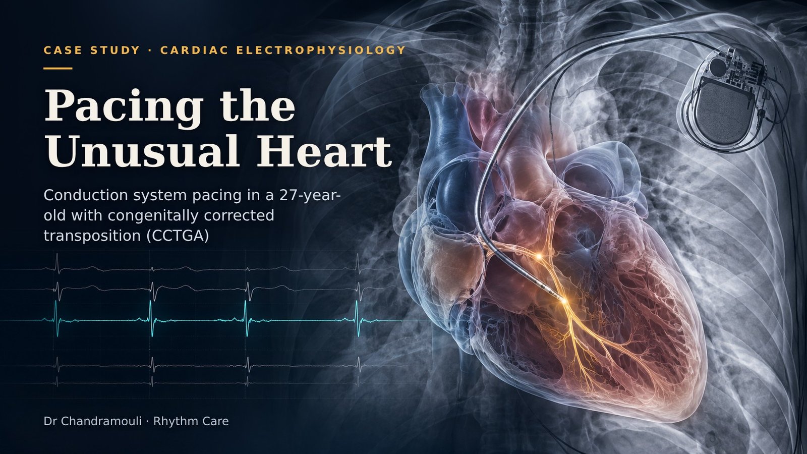 Conduction system pacing in CCTGA: heart with pacemaker lead on the conduction system